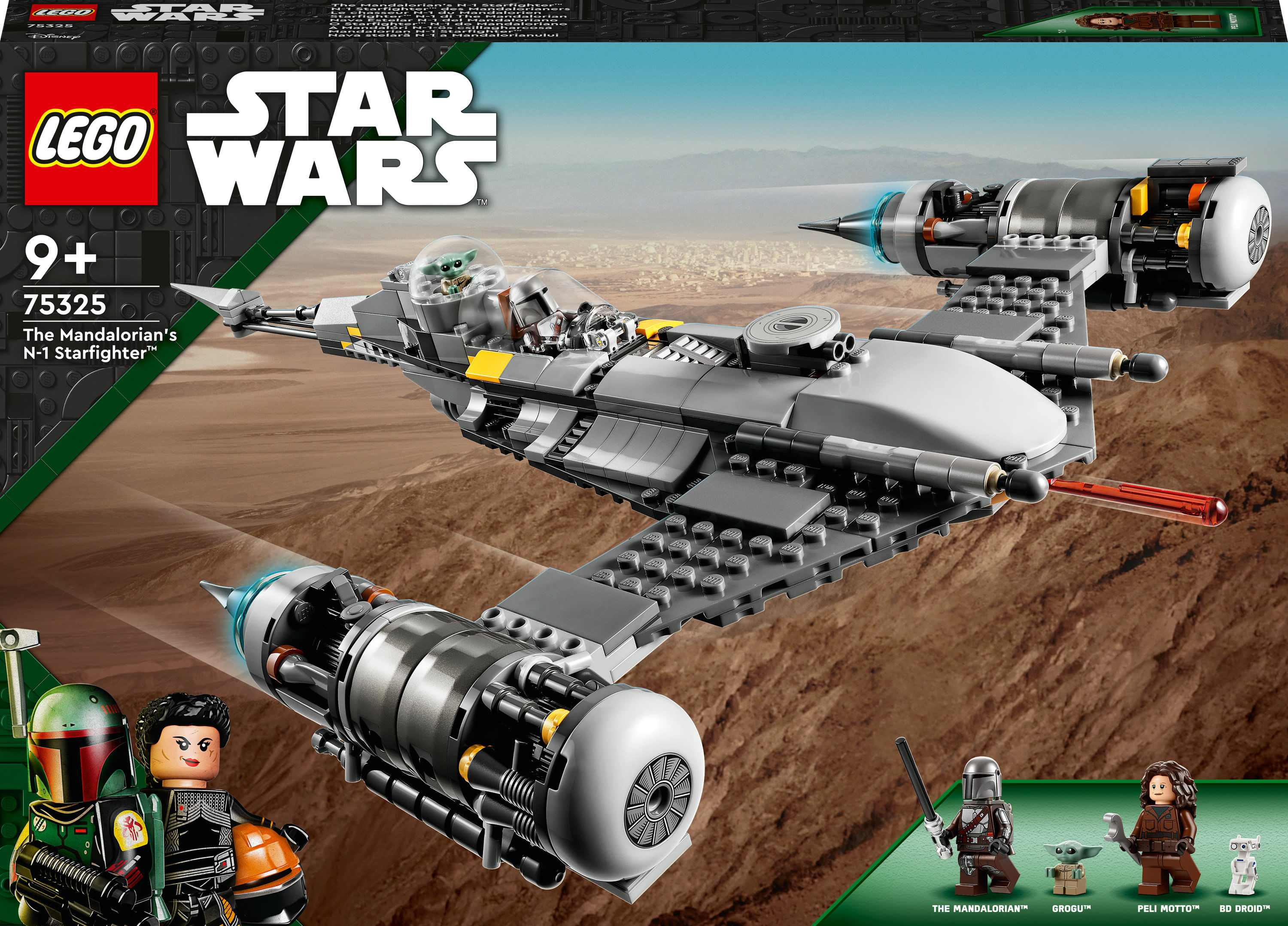 LEGO Star Wars 75325 Starfighter N-1 del Mandaloriano, Personaggi Peli Motto, Droide BD e Baby Yoda