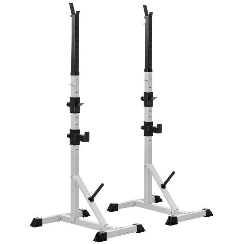 HOMCOM Set 2 Supporti Bilanciere in Acciaio con 3 Ganci, Altezza Regolabile e Portata 200kg, Argento e Nero