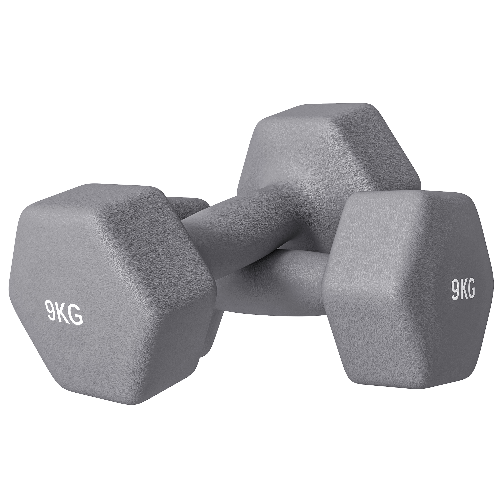 SPORTNOW Set 2 Manubri Esagonali da 9 kg in Metallo e Plastica con Impugnatura Antiscivolo, 25x11x11cm, Grigio