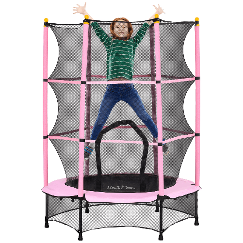 HOMCOM Tappeto Elastico per Bambini con Rete di Sicurezza e Pali Imbottiti Età 3-10 Anni, Ø140 x 190 cm, Rosa
