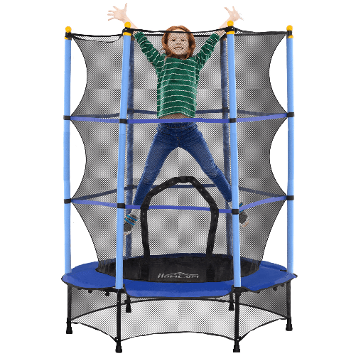 HOMCOM Tappeto Elastico per Bambini con Rete di Sicurezza e Pali Imbottiti Età 3-10 Anni, Ø140 x 190 cm, Blu