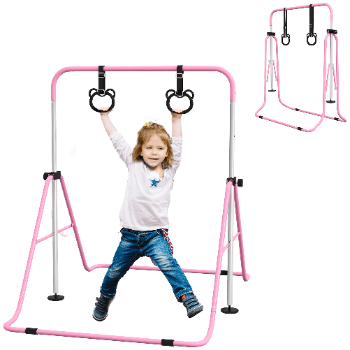HOMCOM Sbarra Ginnastica Artistica per Bambini ad Altezza Regolabile con 2 Anelli, in Acciaio, 148x105x88-128 cm, Rosa