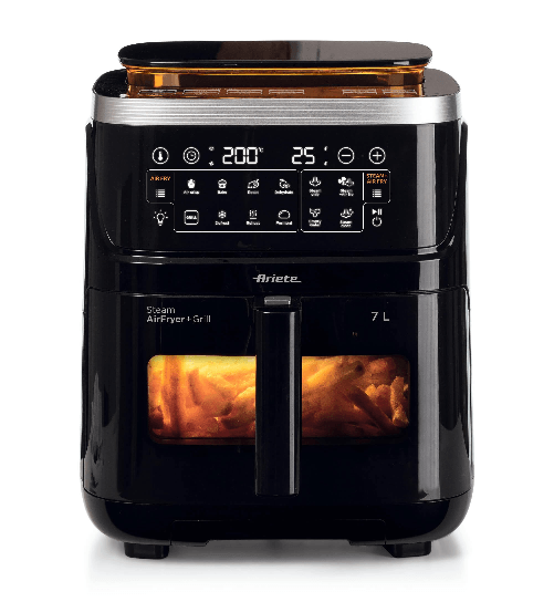Ariete 4636 Friggitrice ad aria con funzione vapore+ Grill, 1700W, Funzione essiccazione, 10 funzioni di cottura, Cestello trasparente, Timer, Luce in