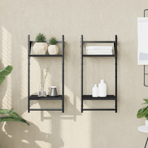 VidaXL Mensole da Parete 2 Livelli con Aste 2 pz Nere 30x25x65 cm VidaXL 836253 scaffale Legno, Metallo Nero