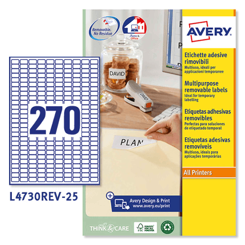 AVERY Etichetta adesiva L4730REV bianca rimovibili 25fg A4 17,8x10mm (270et/fg) laser Etichetta adesiva L4730REV bianca rimovibili 25fg A4 17,8x10mm (