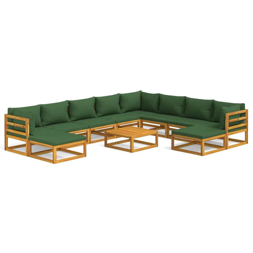 VidaXL Set Salotto da Giardino 11pz con Cuscini Verdi Legno Massello VidaXL 3155324 set mobili da esterno