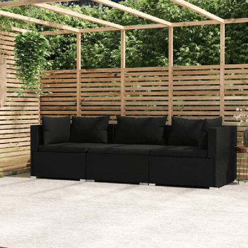 VidaXL Divano a 3 Posti con Cuscini in Polyrattan Nero VidaXL 317522 set mobili da esterno