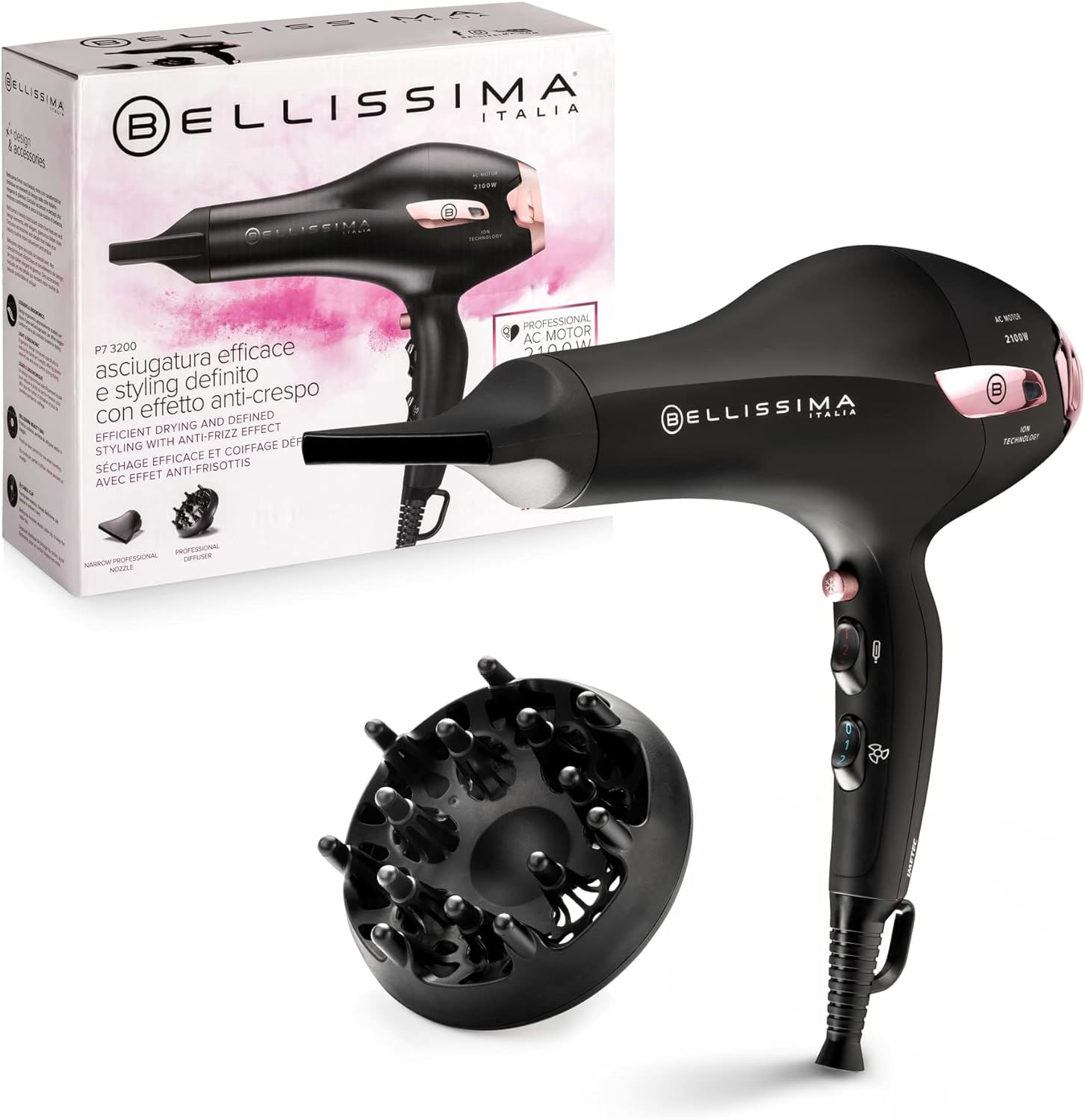 Imetec Bellissima P7 3200 Asciugacapelli, Motore Professionale, 2100 Watt, Ionizzatore, 2 Velocità, 3 Temperature Bellissima P7 3200 Asciugacapelli, M