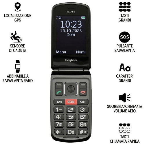 Beghelli Salvalavita Phone SLV19 Senior Phone a Conchiglia con tasto di chiamata rapida di soccorso Beghelli slv19 telefono per anziani grigio doppia