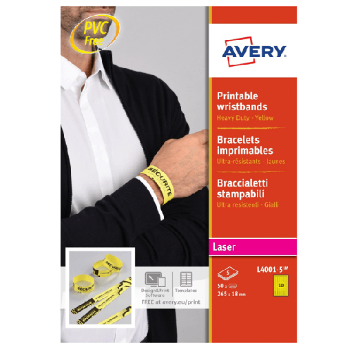 Avery Braccialetti identificativi Giallo 5fg A4 265x18mm (10et/fg) laser Avery