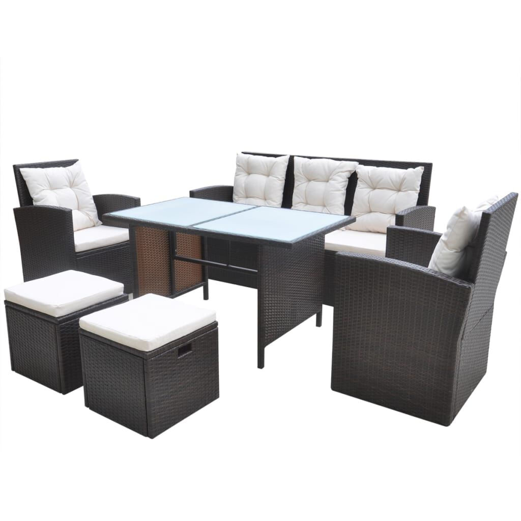 VidaXL Set da Pranzo da Giardino 6 pz con Cuscini Polyrattan Marrone Set da Pranzo da Giardino 6 pz con Cuscini Polyrattan Marrone