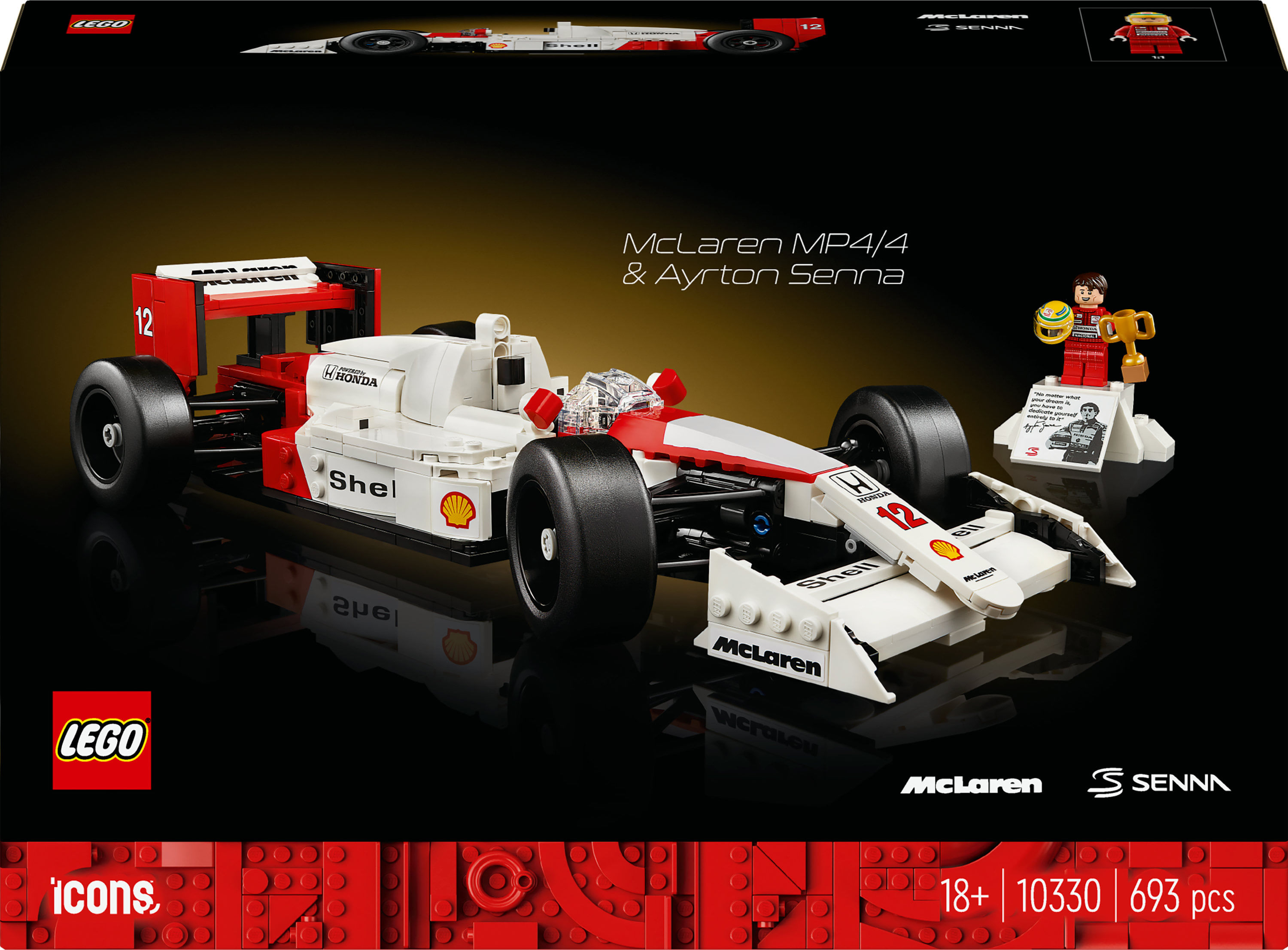 LEGO Icons 10330 McLaren MP4-4 e Ayrton Senna, Modellino da Costruire di Auto da Corsa F1 con Minifigure LEGO McLaren MP4/4 e Ayrton Senna
