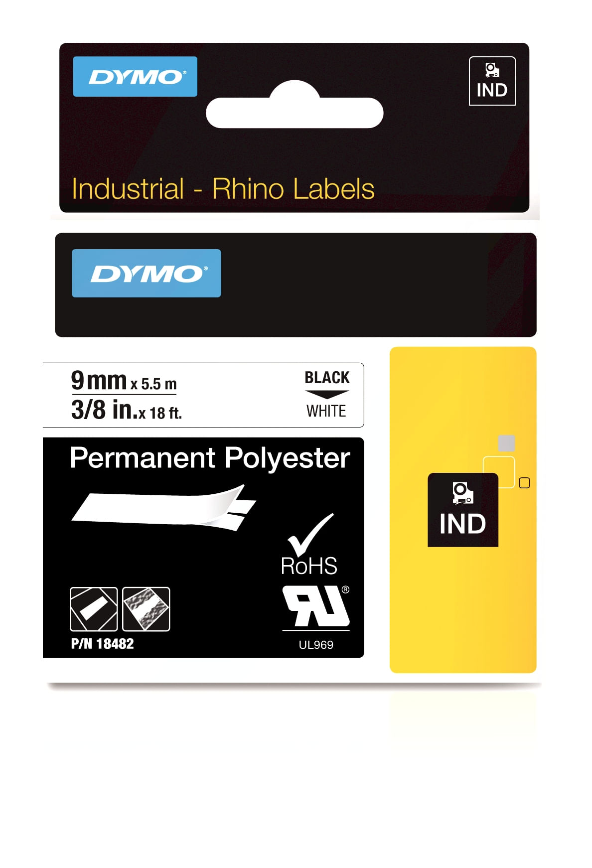 DYMO NASTRO POLIESTERE PERMANENTE 9mm x 5.5mt nero su bianco 18482 RHINO DYMO Poliestere Permanente IND