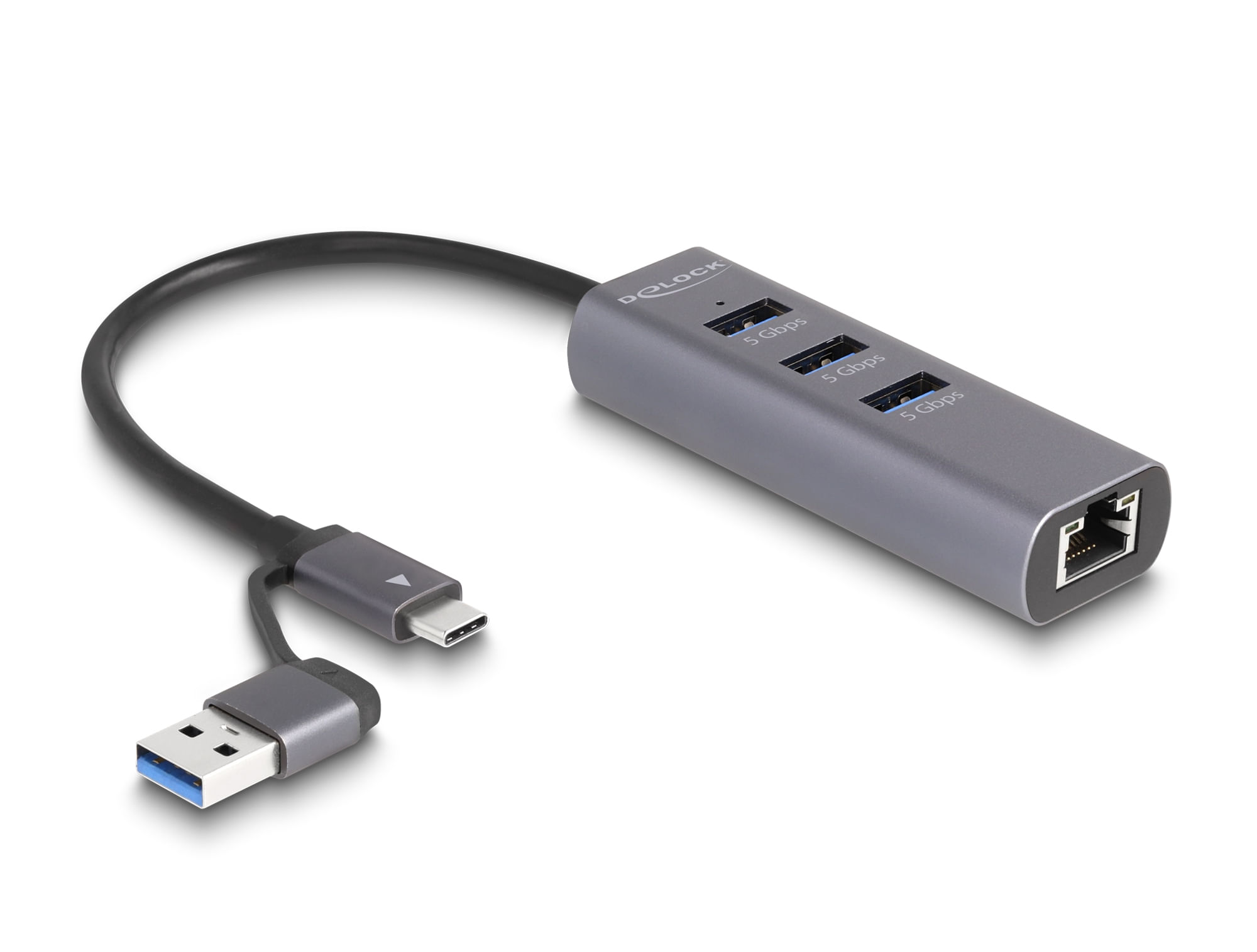 Delock Hub USB 5 Gbps a 3 porte + LAN Gigabit con porta USB Type-C o USB Type-A in un alloggiamento metallico DeLOCK Hub USB 5 Gbps a 3 porte + LAN Gi