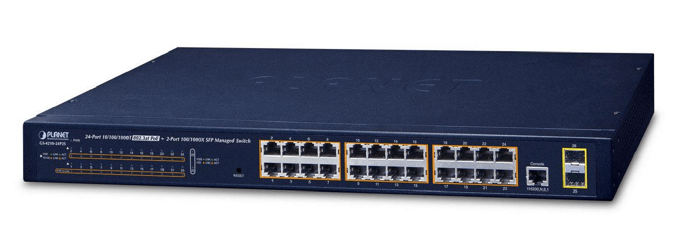 PLANET GS-4210-24P2S switch di rete Gestito L2/L4 Gigabit Ethernet (10/100/1000) Supporto Power over Ethernet (PoE) 1U Blu