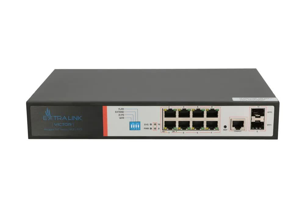 Extralink VICTOR | PoE Switch | 8x Gigabit PoE/PoE+, 2x SFP, 1x Console Port, 150W, Managed Extralink PoE Switch VICTOR 8x Gigabit PoE/PoE+, 2x SFP, 1