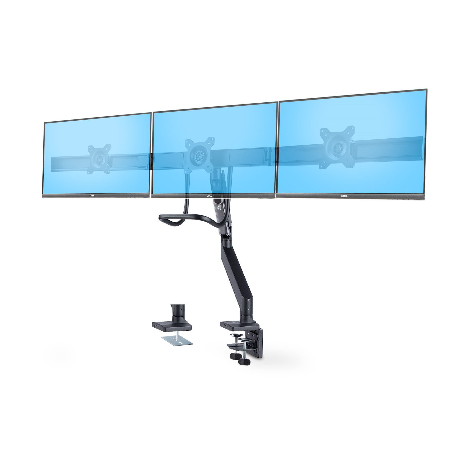 StarTech.com Supporto per 3 monitor da 27" a barra trasversale, VESA 75x75/100x100, regolazioni senza attrezzi, morsetto a C/occhiello, braccio a moll