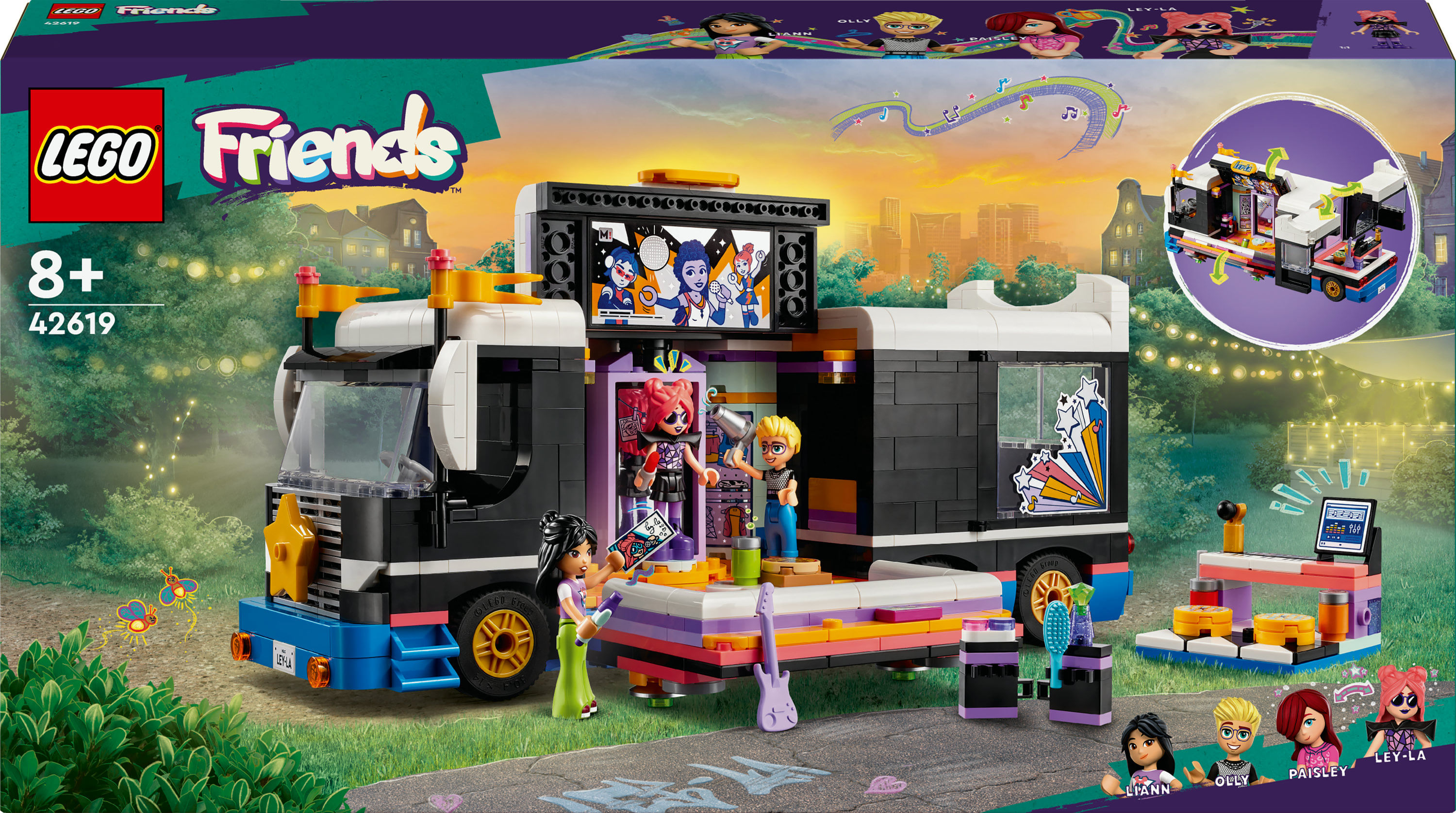 LEGO Friends 42619 Tour Bus delle Pop Star, Giochi per Bambini 8+, Modello da Costruire di Autobus Giocattolo e 4 Mini Bamboline