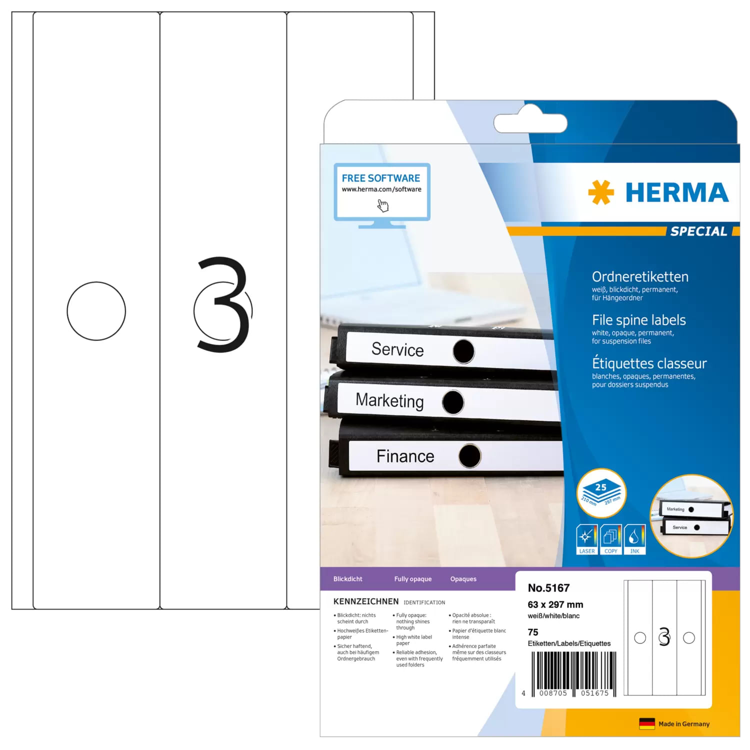 HERMA Special - Permanent self-adhesive matte opaque file folder paper labels - weiÃ - 63 x 297 mm - 75 Etikett(en HERMA 5167 etichetta autoadesiva R