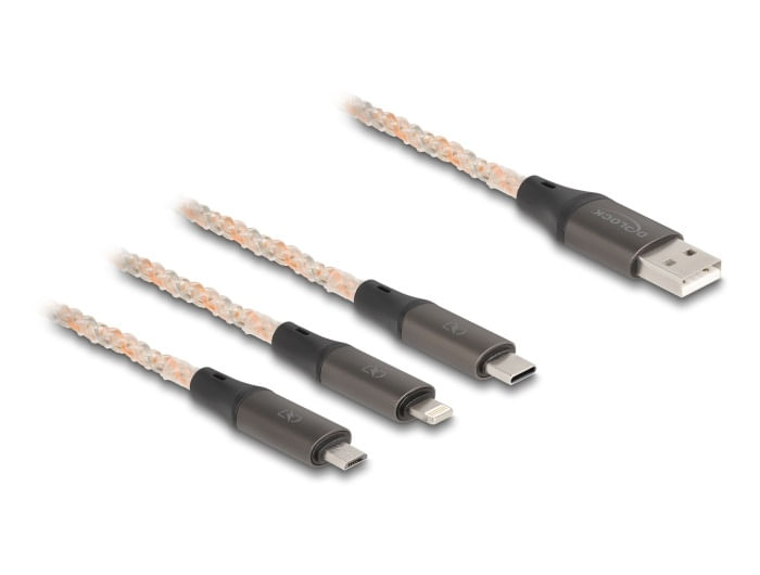 Delock Cavo di ricarica USB RGB 3 in 1 da tipo A a Lightning / Micro USB / USB tipo C da 120 m