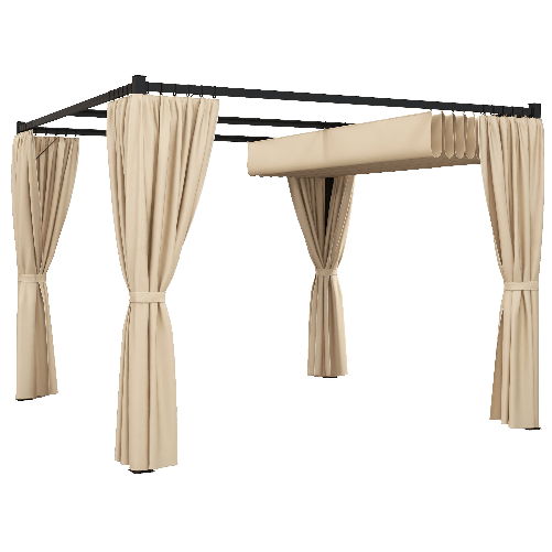 Outsunny Pergola da Giardino con Tetto Retrattile e Tende, in Metallo e Poliestere, 300x300x227 cm, Beige