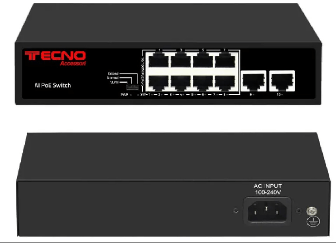 TECNO SWITCH POE 8P 2 UPLINK PER TELECAMERE 10/100MBPS TC-P8EH2EH