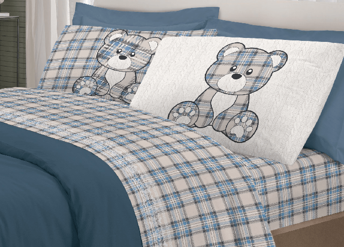 BIANCHERIAWEB Completo Lenzuola Flanella Pensieri Delicati 100% Cotone Disegno Orsetto Tartan Colore Azzurro,Misura Piazza E Mezza