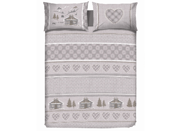BIANCHERIAWEB Copripiumino Sacco Piumone Cotone Flanella Pensieri Delicati Disegno Chalet Colore Beige,Misura Matrimoniale