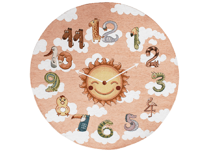 BIANCHERIAWEB Tappeto Arredo e Gioco Antiscivolo Per Cameretta Bambini Disegno Orologio Colore Rosa Antico,Misura Rotondo 140