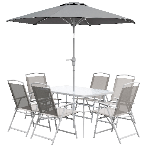 Outsunny Set da Giardino con Tavolo da Pranzo, 6 Sedie Pieghevoli e Ombrellone a Manovella, Grigio