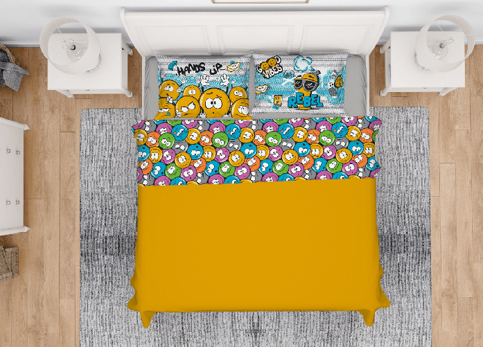 BIANCHERIAWEB Completo Lenzuola In 100% Cotone Made Italy Disegno Emoji Colore Emoji,Misura Piazza E Mezza
