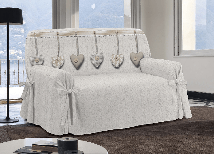 BIANCHERIAWEB Copridivano Con Laccetti Disegno Cuori Colore Beige Colore Beige,Misura 2 Posti