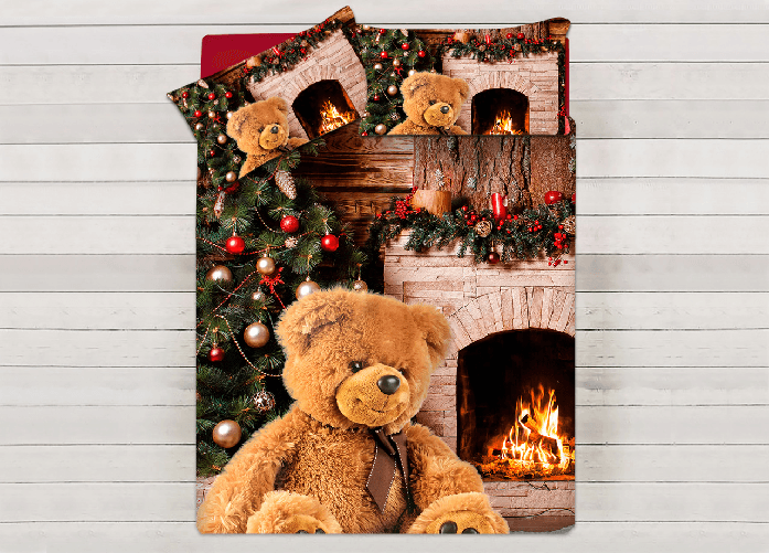 Parure Copripiumino Sacco Piumino Letto 100% Cotone Sogni D'oro Disegno Camino Orso Dis. 68