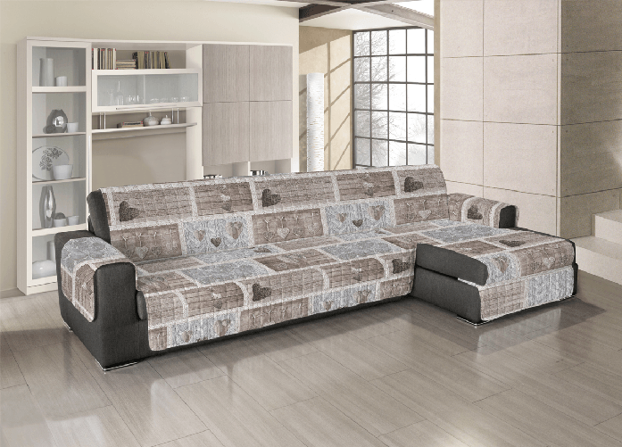 BIANCHERIAWEB Copridivano Trapuntato Per Divani Con Penisola Disegno Shabby Love Colore Beige,Misura 240-245 cm