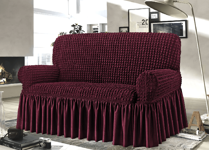 BIANCHERIAWEB Copridivano Elasticizzato Arricciato Con Volants Tinta Unita Luxory Bordeaux Colore Bordeaux,Misura 3 Posti