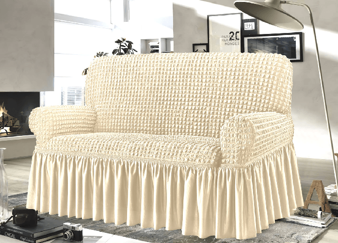 BIANCHERIAWEB Copridivano Elasticizzato Arricciato Con Volants Tinta Unita Mod Luxory Panna Colore Panna,Misura 3 Posti