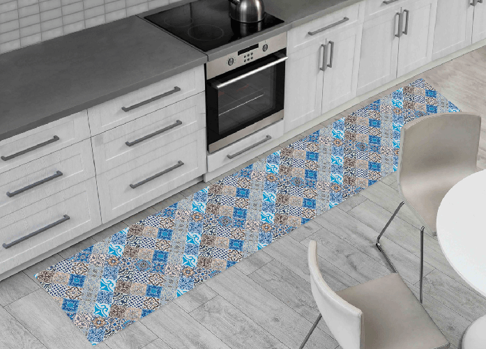 Tappeto Passatoia Antiscivolo Con Stampa Digitale Disegno Maiolica Blu