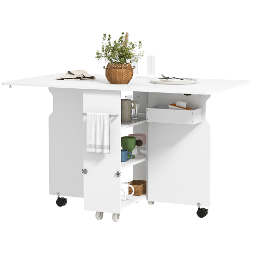 HOMCOM Tavolo a Ribalta Pieghevole con Ripiani a 3 Livelli, Box e Rotelle, in MDF, 130x80x76.5 cm, Bianco