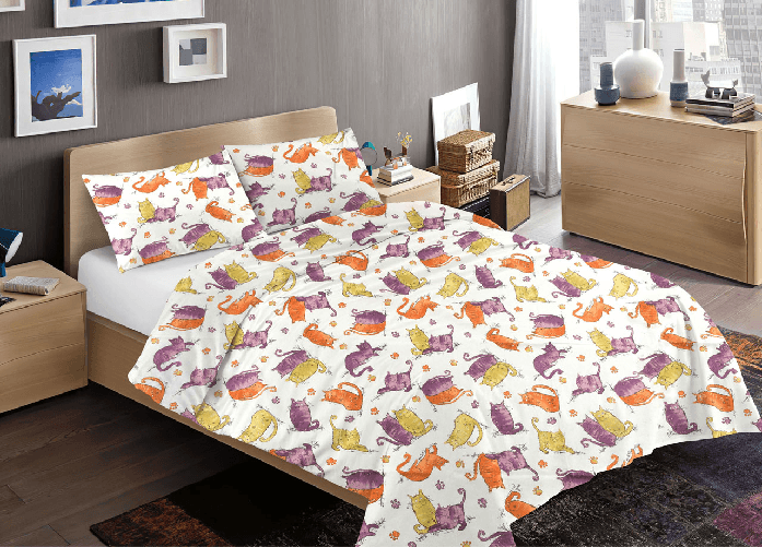 Sacco Copripiumino Piumone Letto In 100% Cotone Disegno Gatti Mod RP Micio Colorato Animali Made Italy