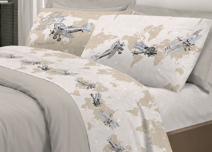 Completo Lenzuola Linea Pensieri Delicati 100% Cotone Disegno Aerei