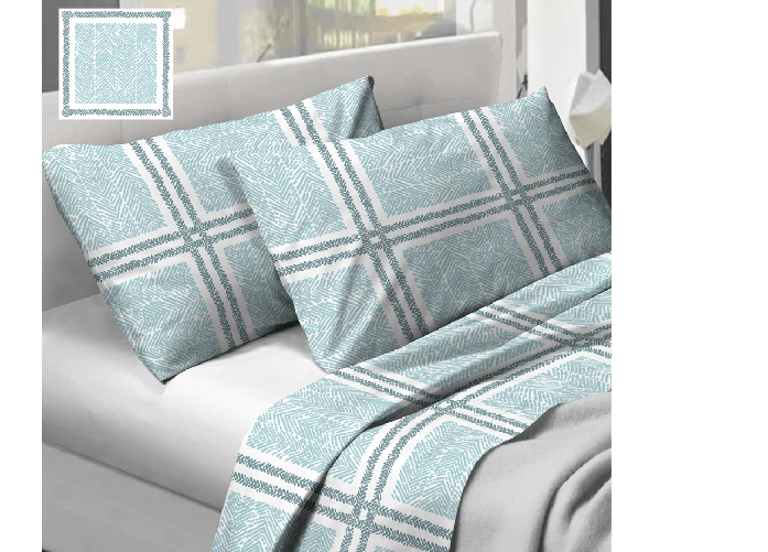 BIANCHERIAWEB Completo Lenzuola In 100% Cotone Disegno Tartan Colore Azzurro Modello O.B. Colore Azzurro,Misura Matrimoniale