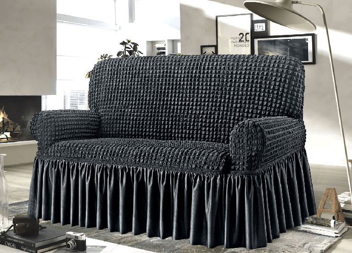 Copridivano Elasticizzato Arricciato Con Volants Tinta Unita Luxory Grigio Scuro