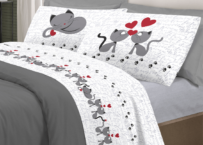 BIANCHERIAWEB Completo Lenzuola Linea Pensieri Delicati 100% Cotone Disegno Gattini Colore Grigio,Misura Matrimoniale