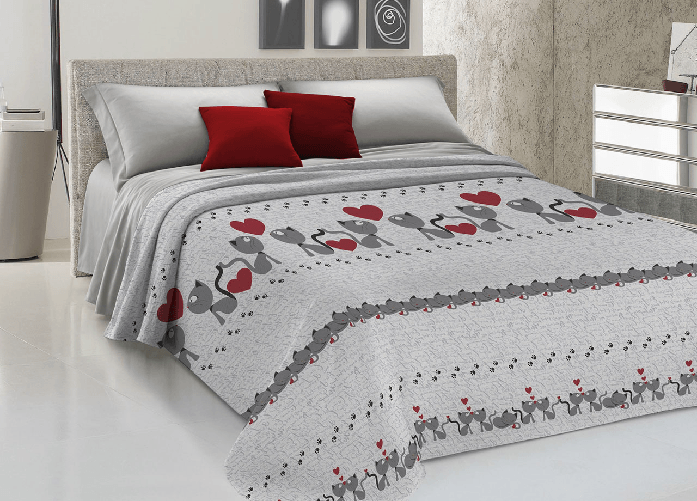 BIANCHERIAWEB Copriletto Piquet Primavera Estate 100% Cotone Disegno Gattini Cuori Colore Grigio,Misura Singolo