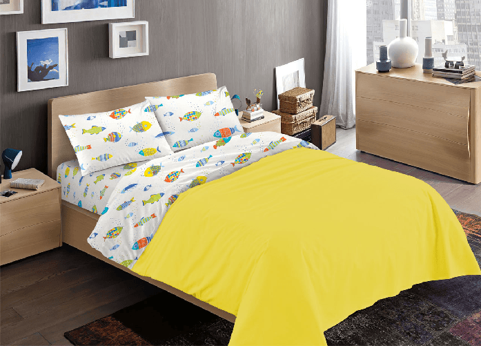 BIANCHERIAWEB Completo Lenzuola Letto 100% Cotone Disegno Pesciolini Colorati RP Made In Italy Fantasia Marina Colore Pesciolini,Misura 2 Piazze