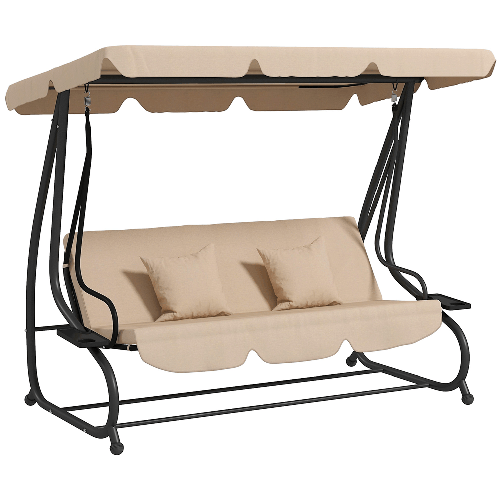 Outsunny Dondolo Letto da Giardino 3 Posti con Tetto Regolabile e Vassoio, 200x120x164 cm, Marrone Chiaro