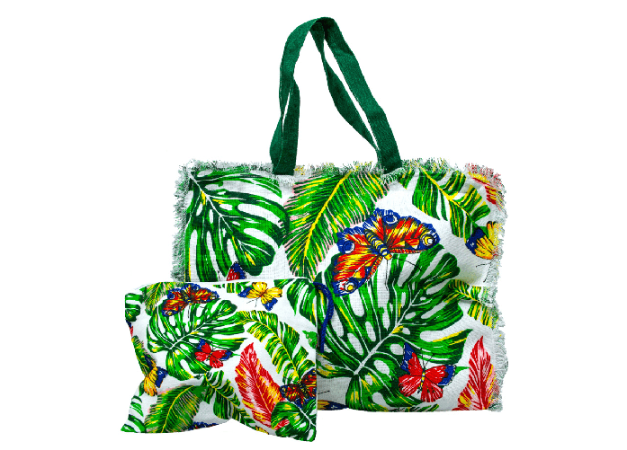 BIANCHERIAWEB Set Borsa Mare E Pochette Spiaggia Piscina Con Frangette Modello Paradise Misura Borsa,Colore Tropical Farfalle