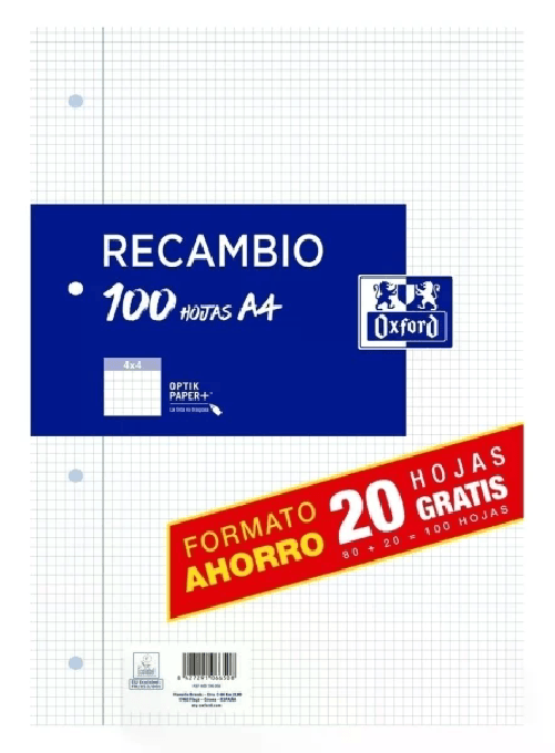 Oxford Ricarica Oxford A4 a quadretti 4x4mm 4 fori - 80 fogli + 20 omaggio 90gr con margine