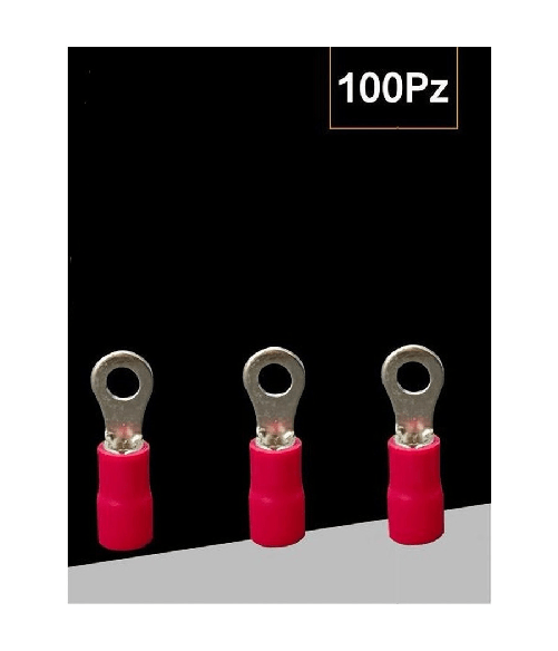 TrAdE Shop Traesio - Set 100 Pz Capicorda Terminale Ad Occhiello Isolato Per Cavi 0.5-1.5mm² Rv1.25-4 - Colore Rosso