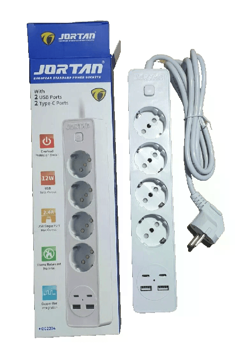 JORTAN Scarpetta Multipresa 4 Prese Schuko - 2 USB - 2 USB Type-C - Tasto Spegnimento